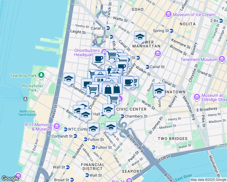 map of restaurants, bars, coffee shops, grocery stores, and more near 12 Thomas Street in New York
