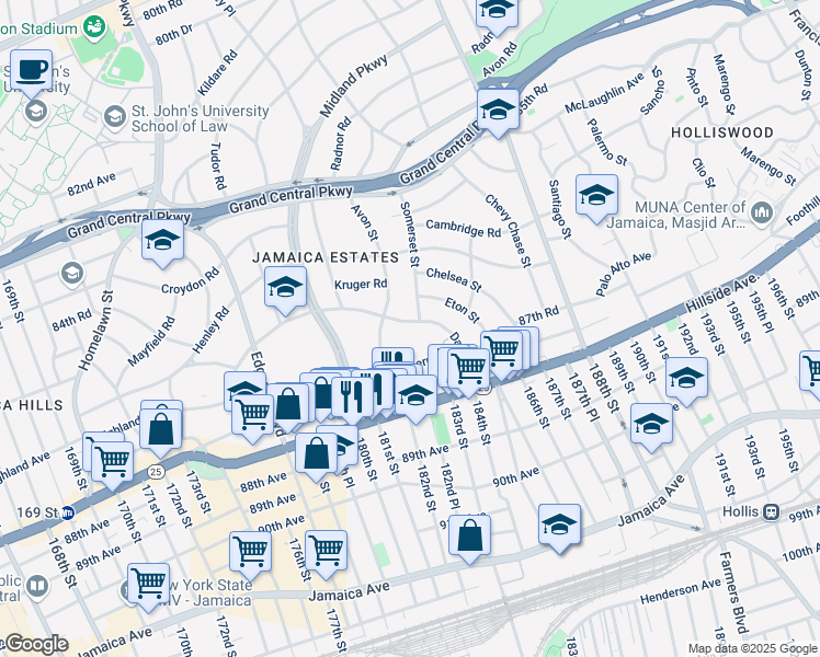 map of restaurants, bars, coffee shops, grocery stores, and more near 182-30 Dalny Road in Queens
