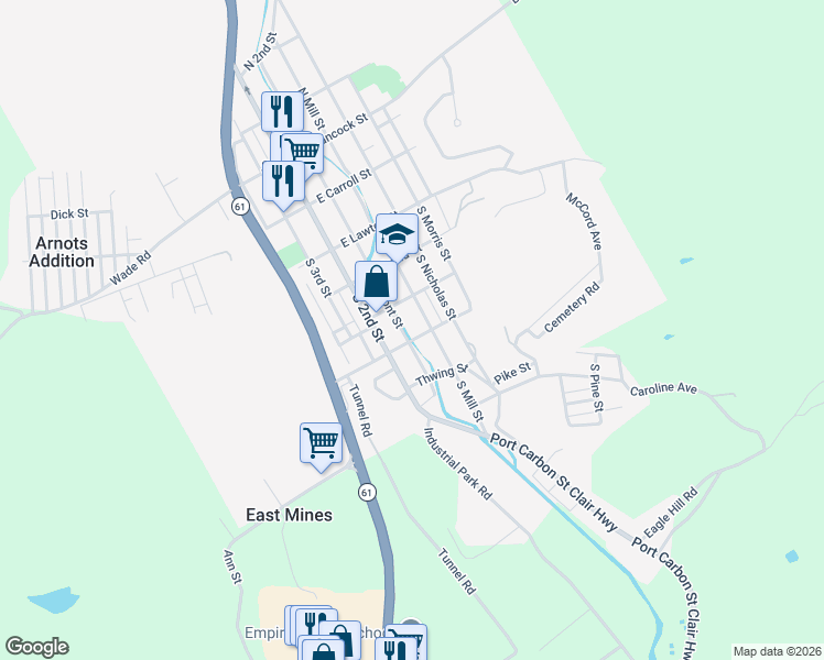 map of restaurants, bars, coffee shops, grocery stores, and more near 105 East Russel Street in Saint Clair