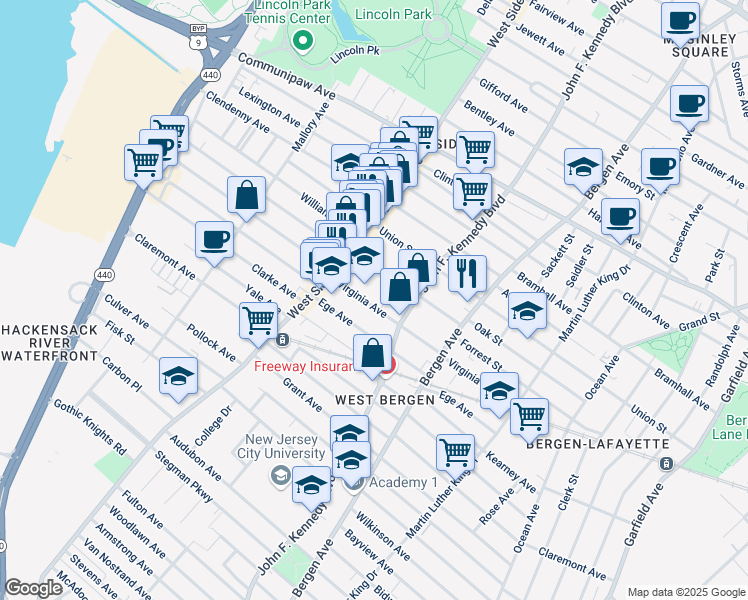 map of restaurants, bars, coffee shops, grocery stores, and more near 208 Virginia Avenue in Jersey City