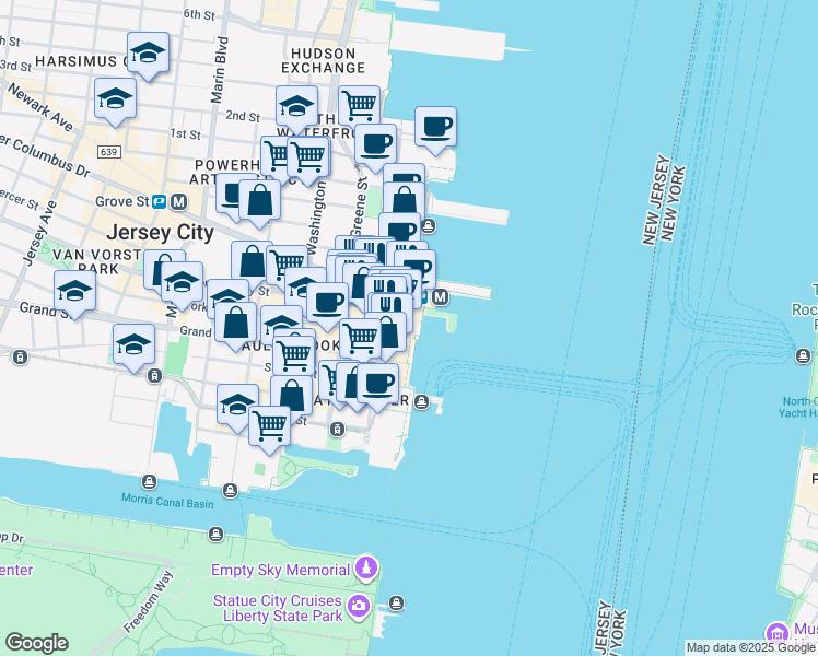 map of restaurants, bars, coffee shops, grocery stores, and more near 15 Exchange Place in Jersey City