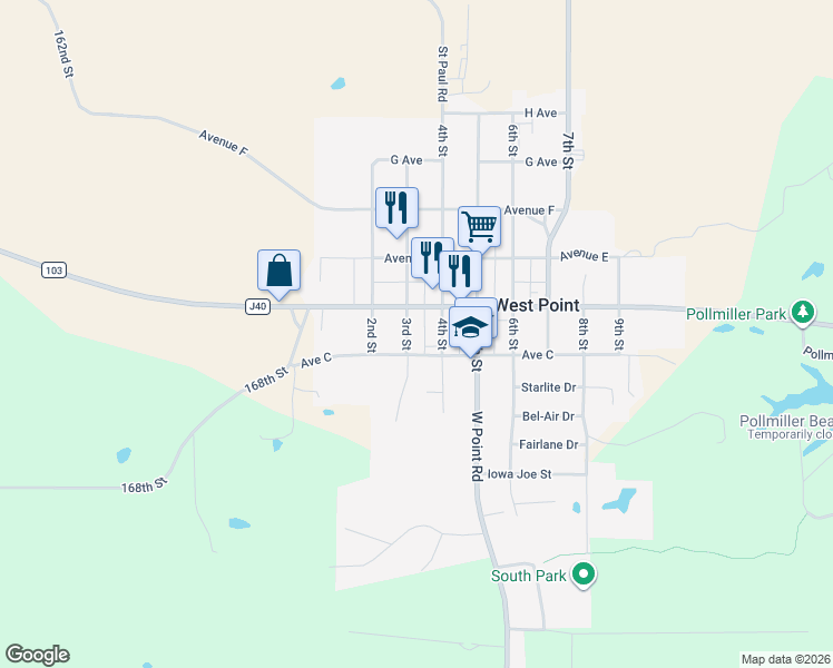 map of restaurants, bars, coffee shops, grocery stores, and more near 215 3rd St in West Point