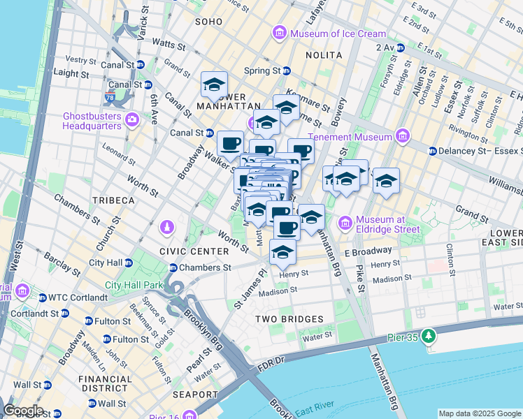 map of restaurants, bars, coffee shops, grocery stores, and more near 64 Mott Street in New York