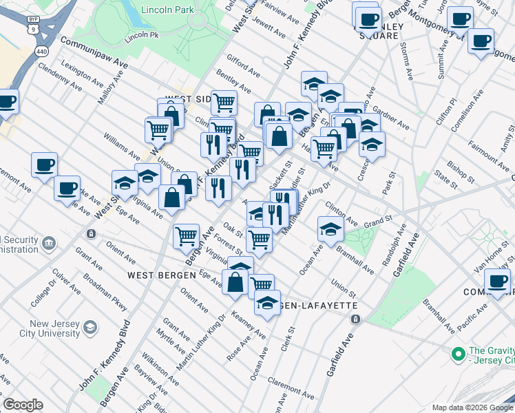 map of restaurants, bars, coffee shops, grocery stores, and more near 104 Atlantic Street in Jersey City