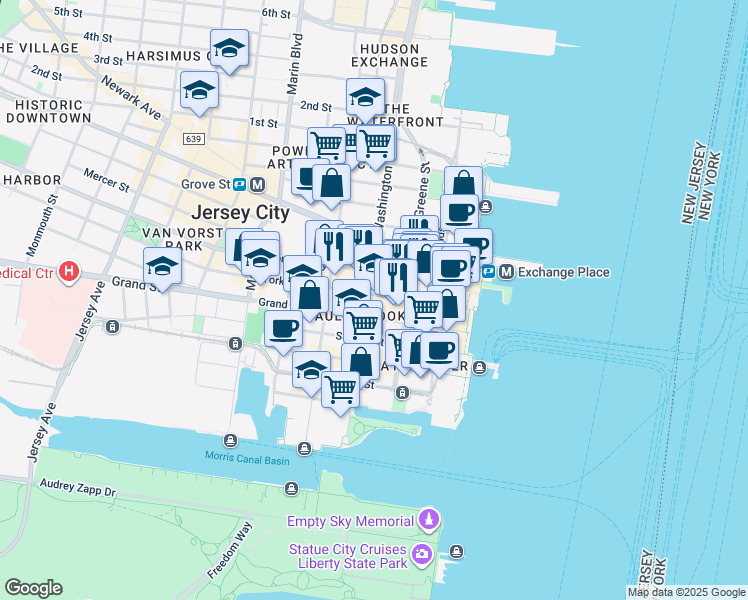 map of restaurants, bars, coffee shops, grocery stores, and more near 89 York Street in Jersey City