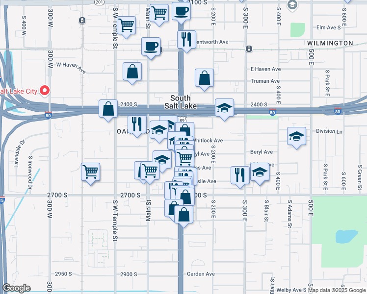 map of restaurants, bars, coffee shops, grocery stores, and more near 2511 U.S. 89 in South Salt Lake