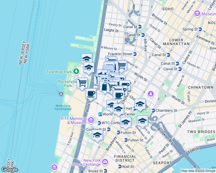 map of restaurants, bars, coffee shops, grocery stores, and more near 295 Greenwich Street in New York