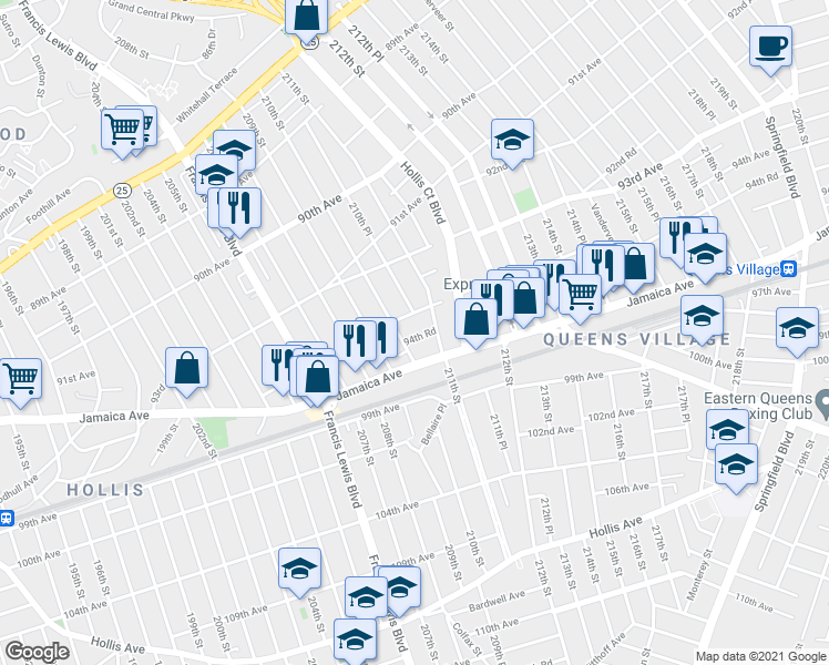 map of restaurants, bars, coffee shops, grocery stores, and more near 210-11 94th Road in Queens