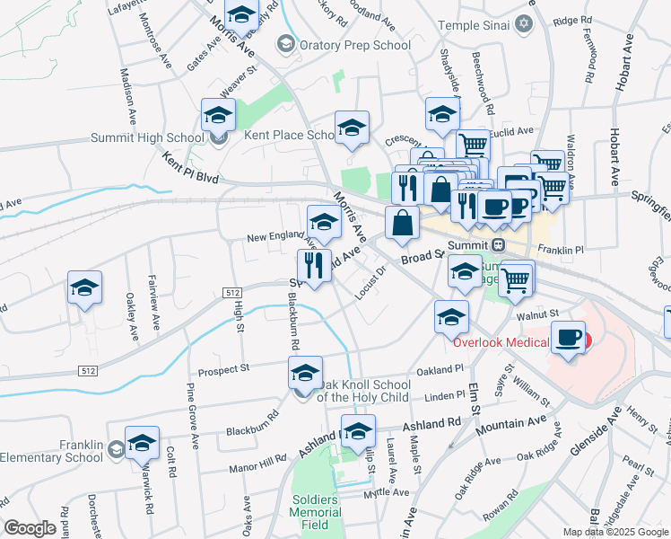 map of restaurants, bars, coffee shops, grocery stores, and more near 556 Springfield Avenue in Summit