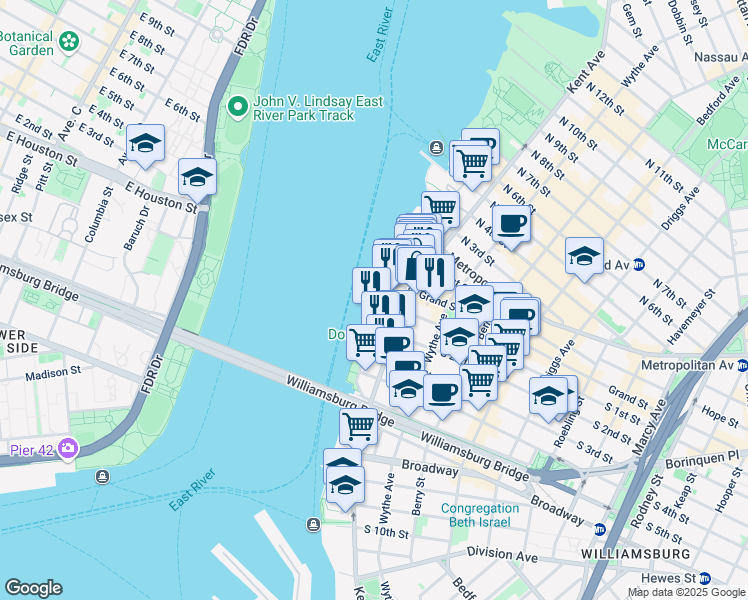 map of restaurants, bars, coffee shops, grocery stores, and more near 1200 Kent Avenue in Brooklyn