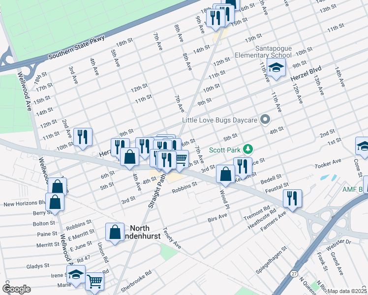 map of restaurants, bars, coffee shops, grocery stores, and more near 631 6th Street in West Babylon