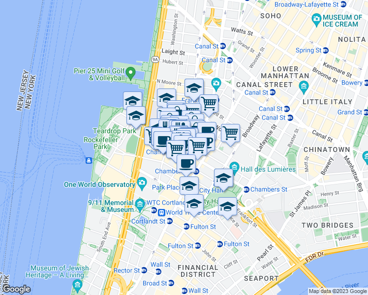 map of restaurants, bars, coffee shops, grocery stores, and more near 143 Chambers Street in New York