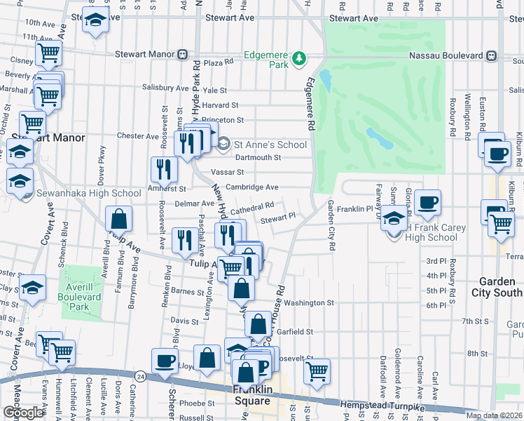 map of restaurants, bars, coffee shops, grocery stores, and more near 965 Cathedral Road in Franklin Square