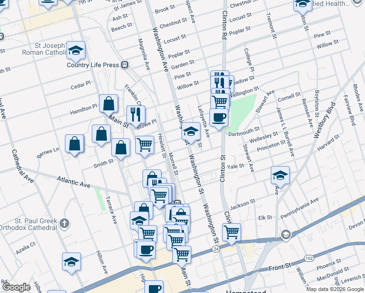 map of restaurants, bars, coffee shops, grocery stores, and more near 31 Morton Avenue in Hempstead