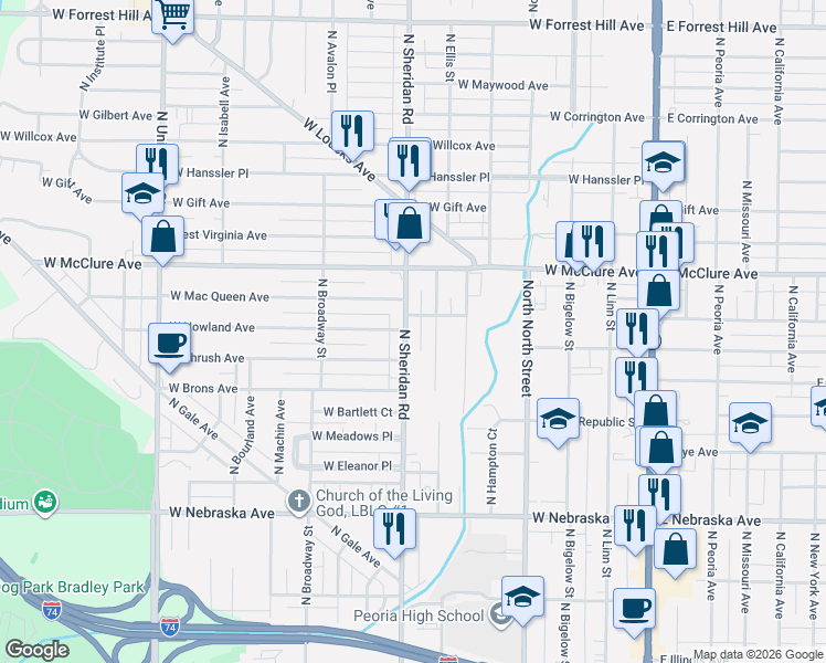 map of restaurants, bars, coffee shops, grocery stores, and more near 2313 North Ellis Street in Peoria