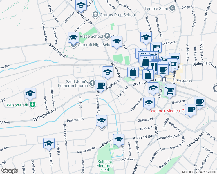 map of restaurants, bars, coffee shops, grocery stores, and more near Springfield Avenue & New England Avenue in Summit