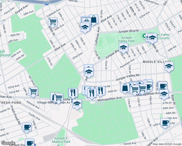 map of restaurants, bars, coffee shops, grocery stores, and more near 69-08 Penelope Avenue in Queens