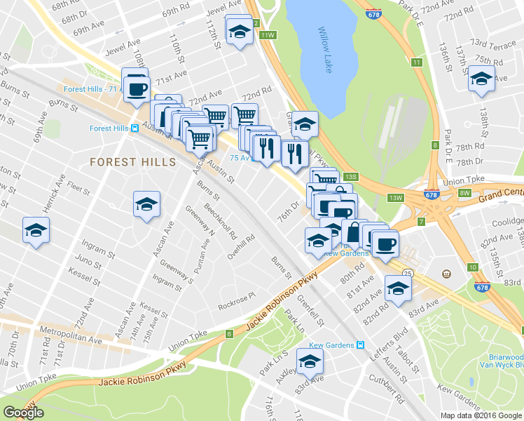 map of restaurants, bars, coffee shops, grocery stores, and more near 76-2-76-22 Austin Street in Queens