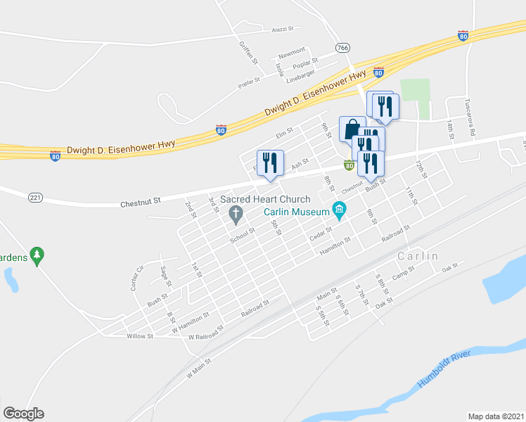 map of restaurants, bars, coffee shops, grocery stores, and more near 572 5th Street in Carlin