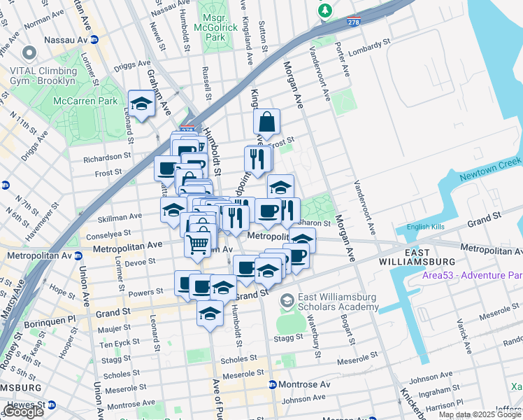 map of restaurants, bars, coffee shops, grocery stores, and more near 240A Skillman Avenue in Brooklyn