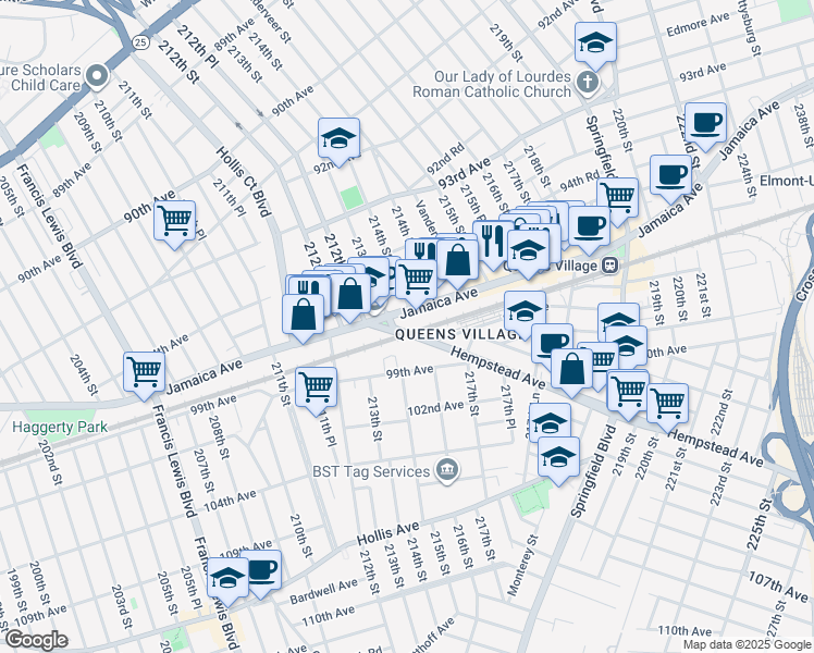 map of restaurants, bars, coffee shops, grocery stores, and more near 21322 Jamaica Avenue in Queens