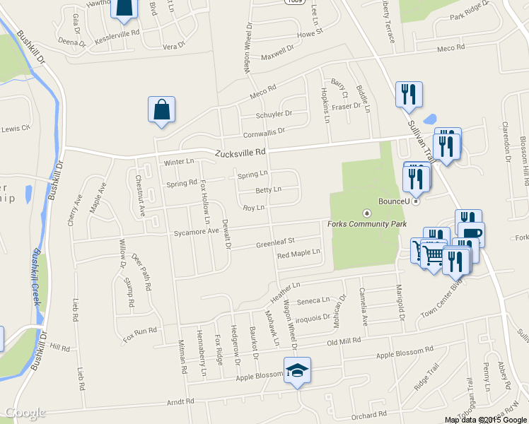 map of restaurants, bars, coffee shops, grocery stores, and more near 1800 Roy Lane in Easton