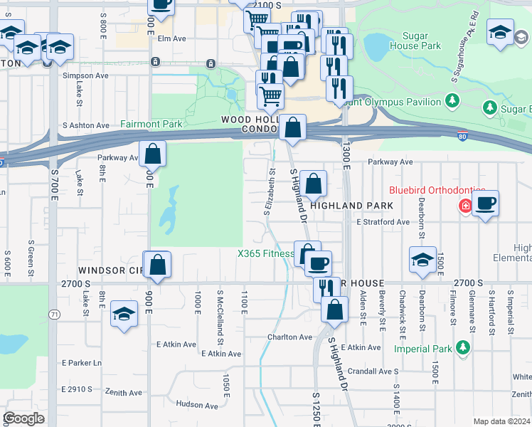 map of restaurants, bars, coffee shops, grocery stores, and more near 2566 South Elizabeth Street in Salt Lake City