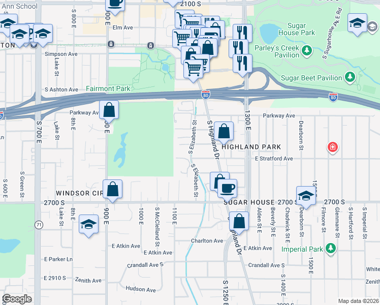 map of restaurants, bars, coffee shops, grocery stores, and more near 2578 South Elizabeth Street in Salt Lake City