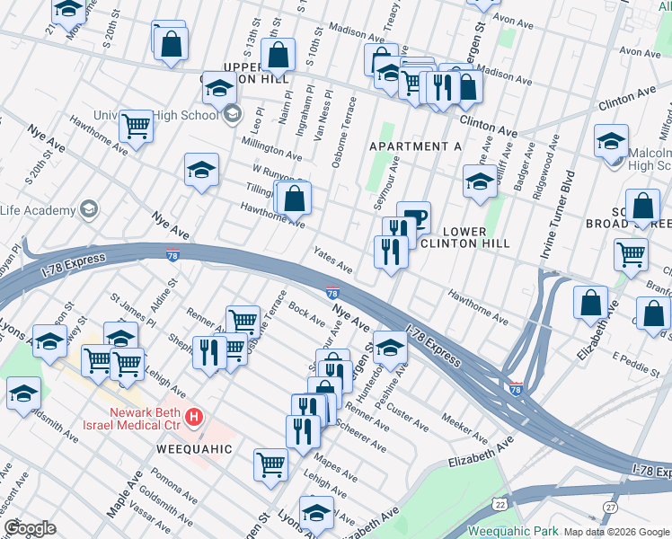 map of restaurants, bars, coffee shops, grocery stores, and more near 271 Seymour Avenue in Newark