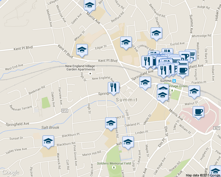 map of restaurants, bars, coffee shops, grocery stores, and more near 573 Springfield Ave in Summit