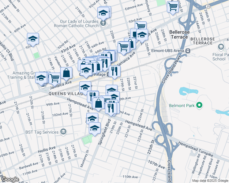 map of restaurants, bars, coffee shops, grocery stores, and more near 218-65 99th Avenue in Queens