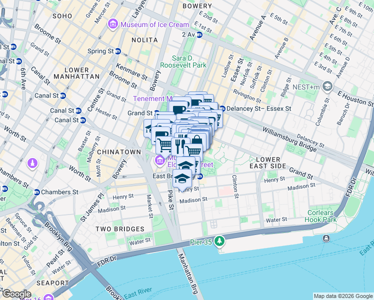 map of restaurants, bars, coffee shops, grocery stores, and more near 25 Essex Street in New York