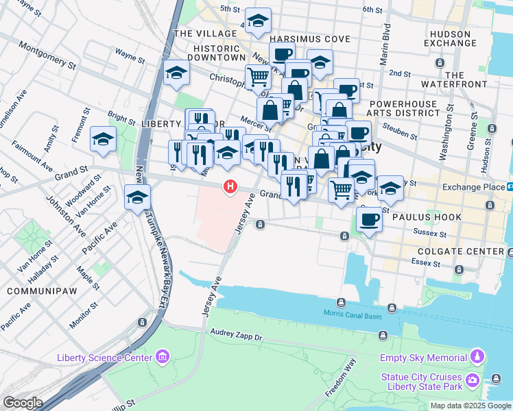 map of restaurants, bars, coffee shops, grocery stores, and more near 335 Grand Street in Jersey City