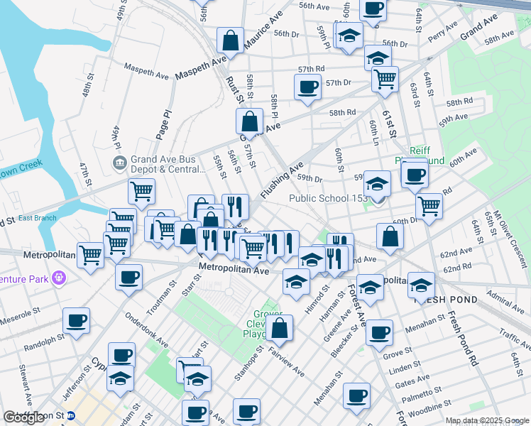 map of restaurants, bars, coffee shops, grocery stores, and more near 60-24 56th Street in Queens