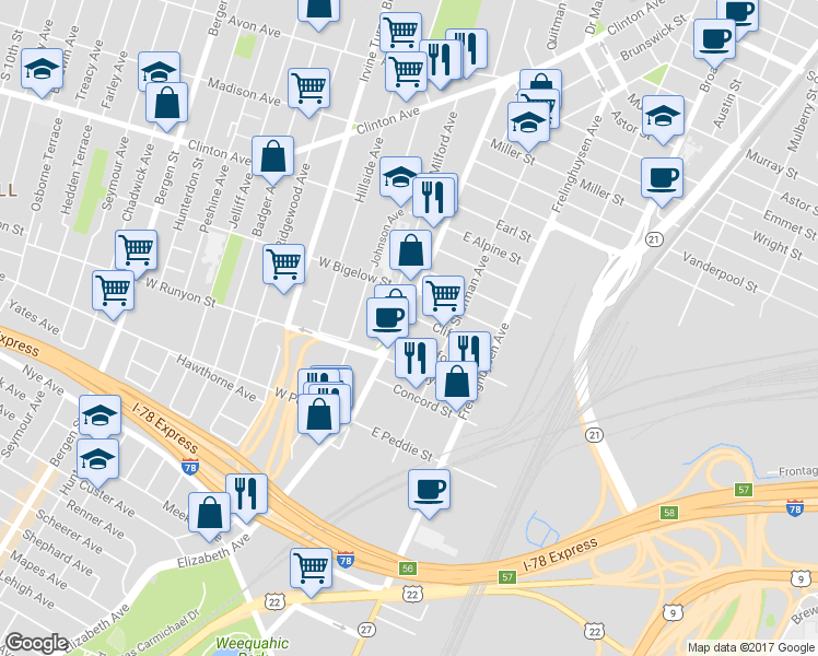 map of restaurants, bars, coffee shops, grocery stores, and more near 204 Elizabeth Avenue in Newark