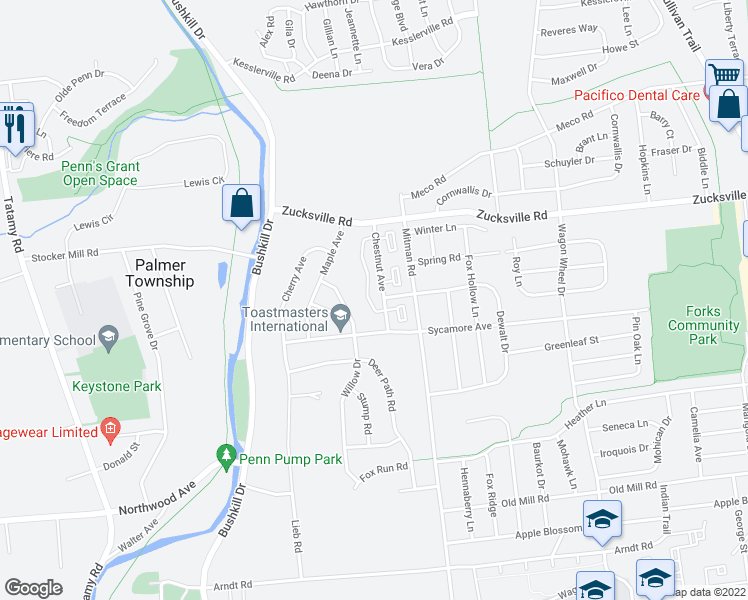 map of restaurants, bars, coffee shops, grocery stores, and more near 6 Chestnut Commons Court in Easton
