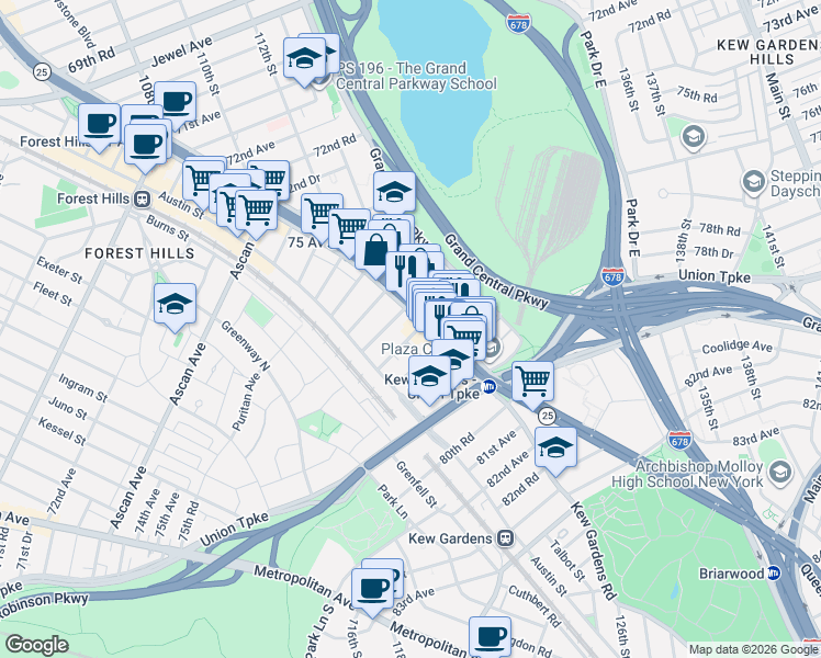 map of restaurants, bars, coffee shops, grocery stores, and more near 111-55 77th Avenue in Queens