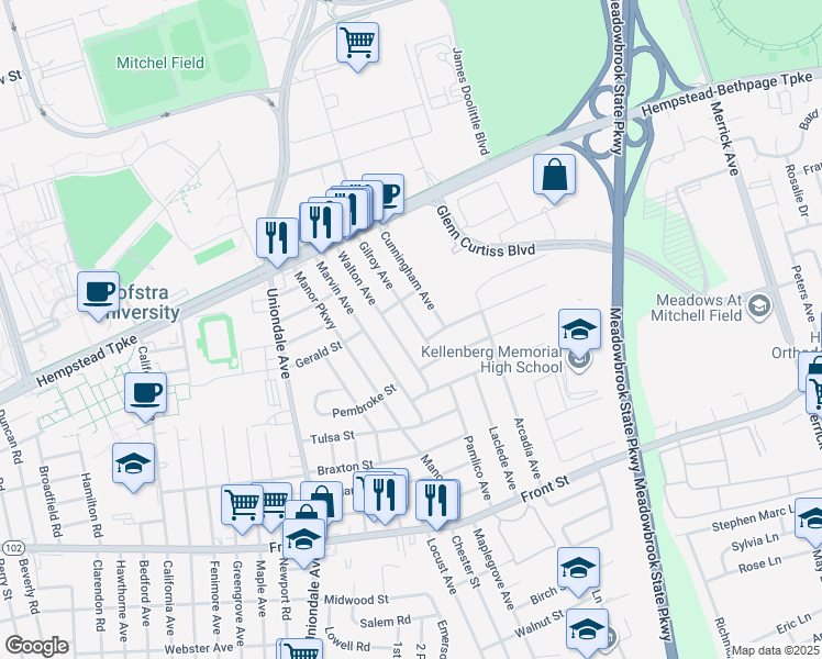 map of restaurants, bars, coffee shops, grocery stores, and more near 122 Gilroy Avenue in Uniondale