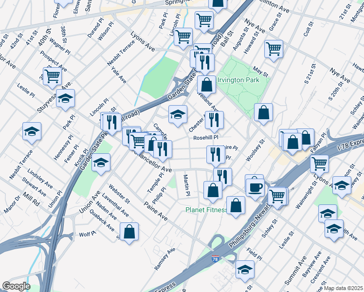 map of restaurants, bars, coffee shops, grocery stores, and more near 106 Berkshire Place in Irvington