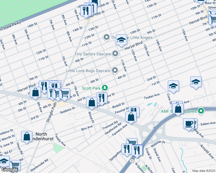 map of restaurants, bars, coffee shops, grocery stores, and more near 914 3rd Street in West Babylon