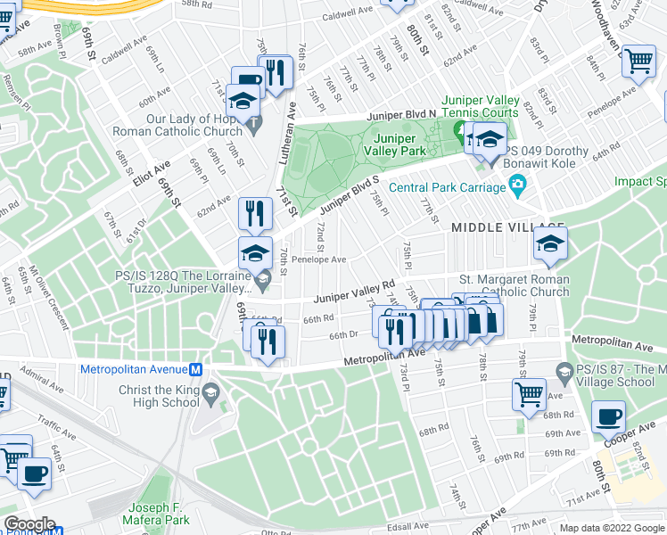 map of restaurants, bars, coffee shops, grocery stores, and more near 63-72 Pleasantview Street in Queens