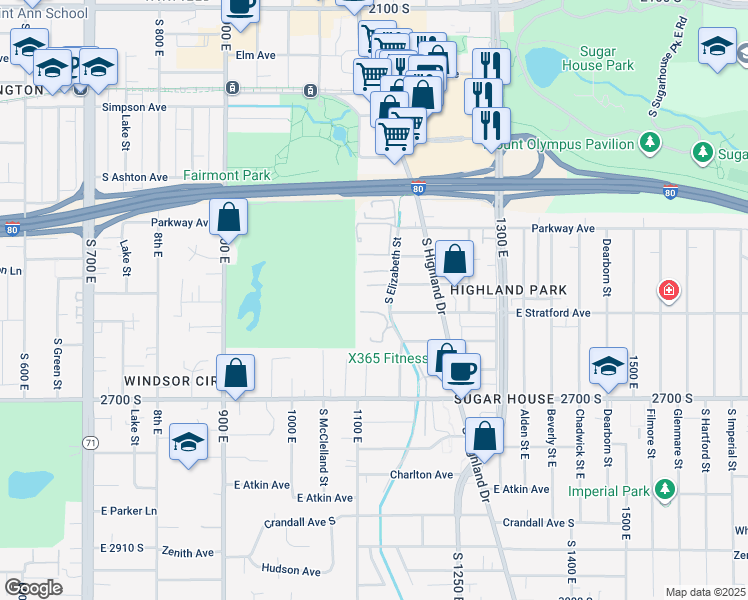 map of restaurants, bars, coffee shops, grocery stores, and more near 2580 South Elizabeth Street in Salt Lake City