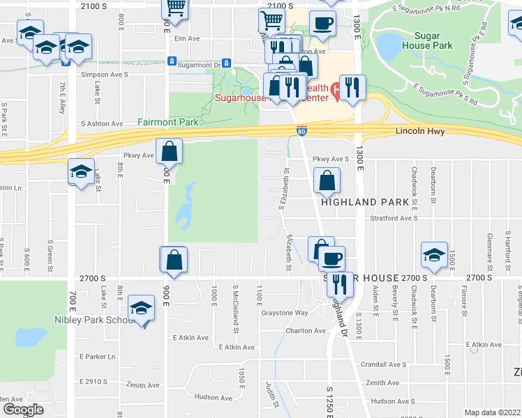 map of restaurants, bars, coffee shops, grocery stores, and more near 2580 South Elizabeth Street in Salt Lake City