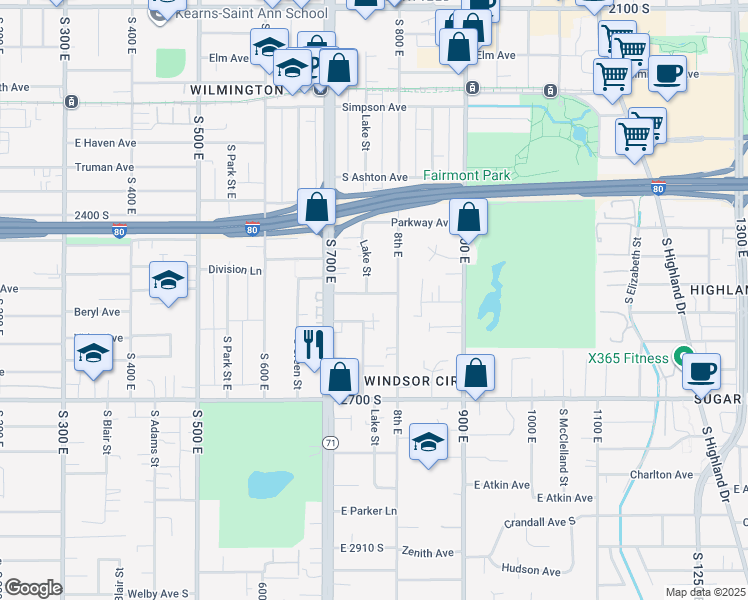 map of restaurants, bars, coffee shops, grocery stores, and more near 734 Loveland Avenue in Salt Lake City