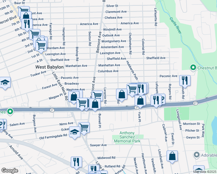 map of restaurants, bars, coffee shops, grocery stores, and more near 155 Neptune Avenue in West Babylon
