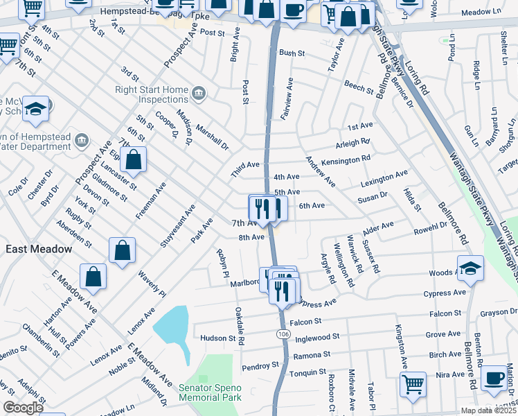 map of restaurants, bars, coffee shops, grocery stores, and more near 2472 6th Avenue in East Meadow