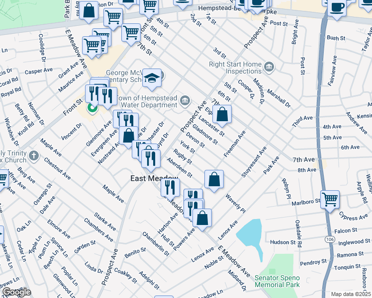 map of restaurants, bars, coffee shops, grocery stores, and more near 2343 Rugby Street in East Meadow