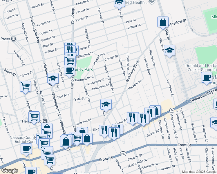 map of restaurants, bars, coffee shops, grocery stores, and more near 162 Princeton Street in Hempstead