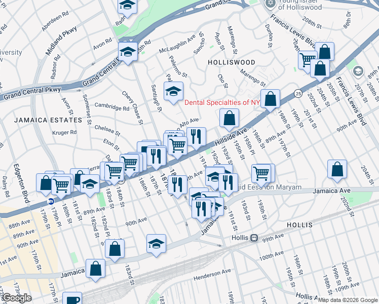 map of restaurants, bars, coffee shops, grocery stores, and more near 190-11 Hillside Avenue in Queens