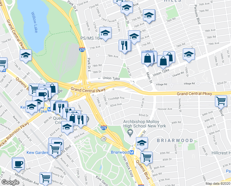 map of restaurants, bars, coffee shops, grocery stores, and more near 13530 Union Turnpike in Queens